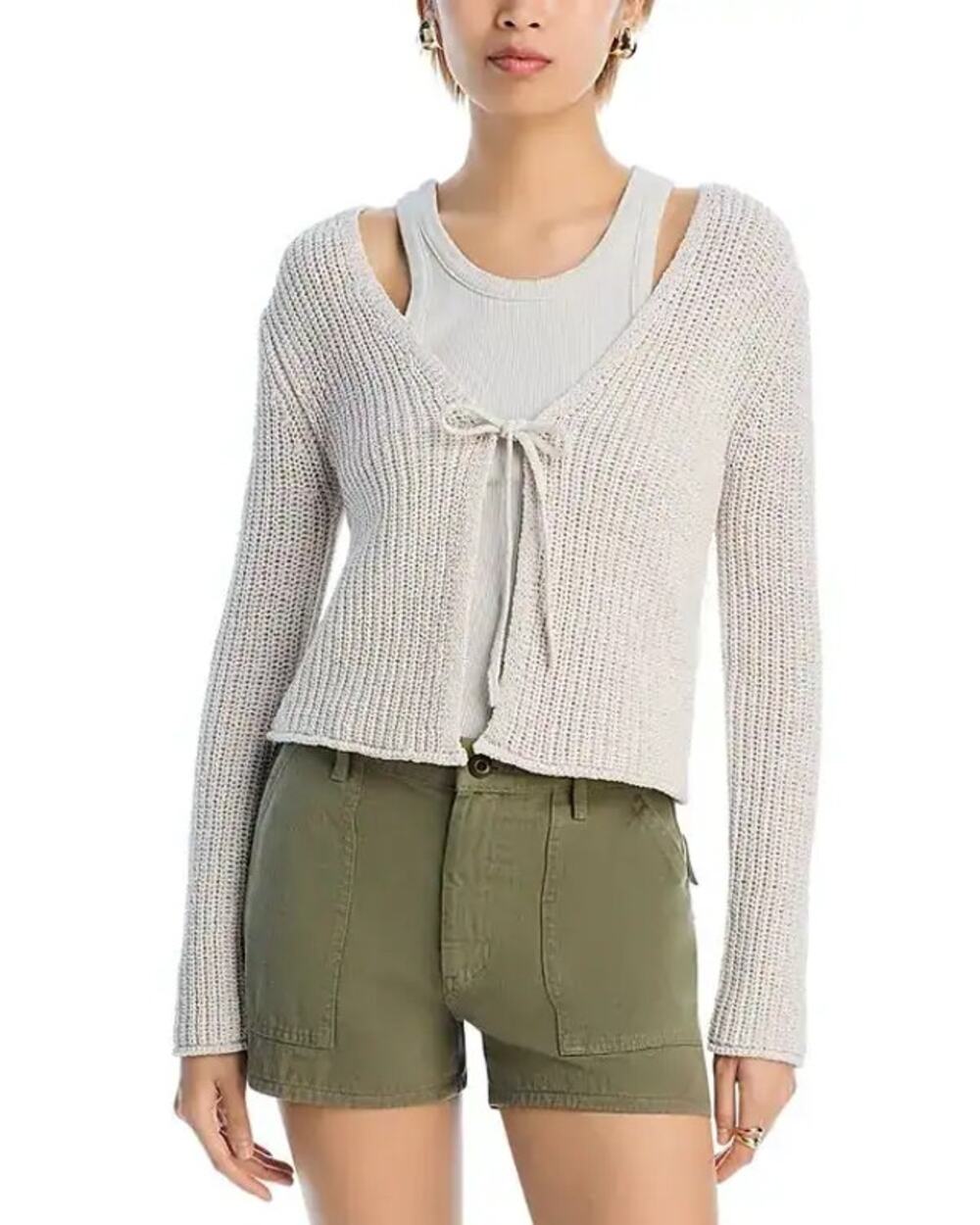 Velvet by Graham & Spencer Women Sand Beige Cable Knit Tie Front Cardigan Size M